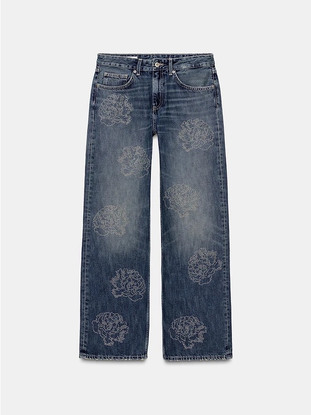 Zara Blue High-Rise Wide-Leg Jeans With Metallic Floral Print